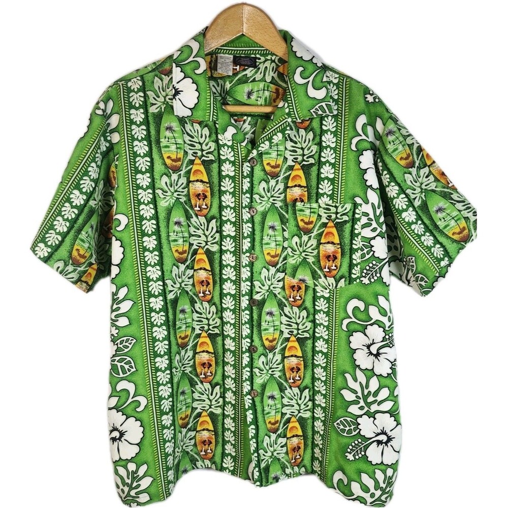 Vintage Maui Trading Company Hawaiian Shirt Mens XL Surfboard Floral Green